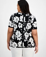 Ak Anne Klein Plus Printed Button-Back Short-Sleeve Top