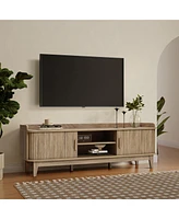 LuxenHome Mid-Century Modern Tambour-Style 2-Door 63-Inch Wide Tv Stand with Tray Top, Oak