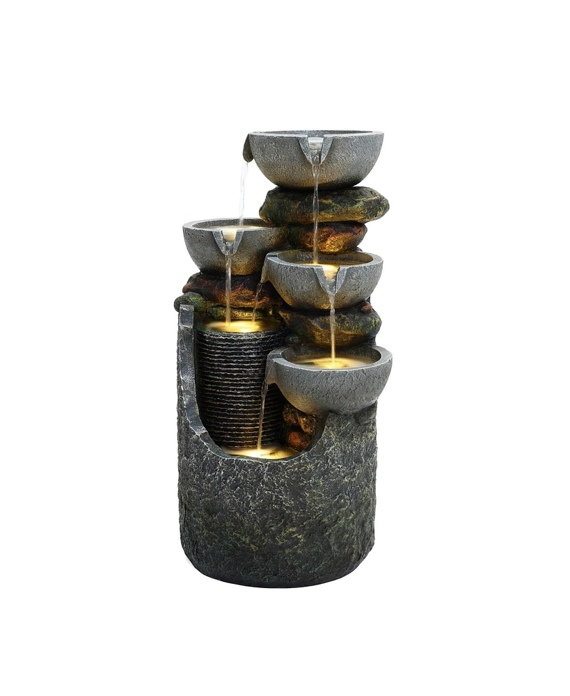 LuxenHome Gray 4-Bowl and 5-Tier 2.1-Feet Tall Outdoor Polyresin Fountain with Lights