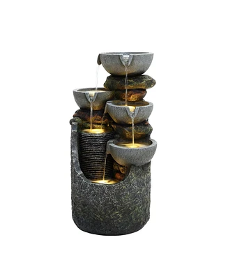 LuxenHome Gray 4-Bowl and 5-Tier 2.1-Feet Tall Outdoor Polyresin Fountain with Lights