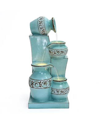 LuxenHome Light Blue 4-Tier Ornate Jugs 2.5-Feet Tall Outdoor Polyresin Fountain with Lights