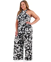 London Times Plus Crisscross Halter Belted Jumpsuit
