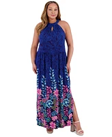 London Times Plus Halter Placement-Print Maxi Dress