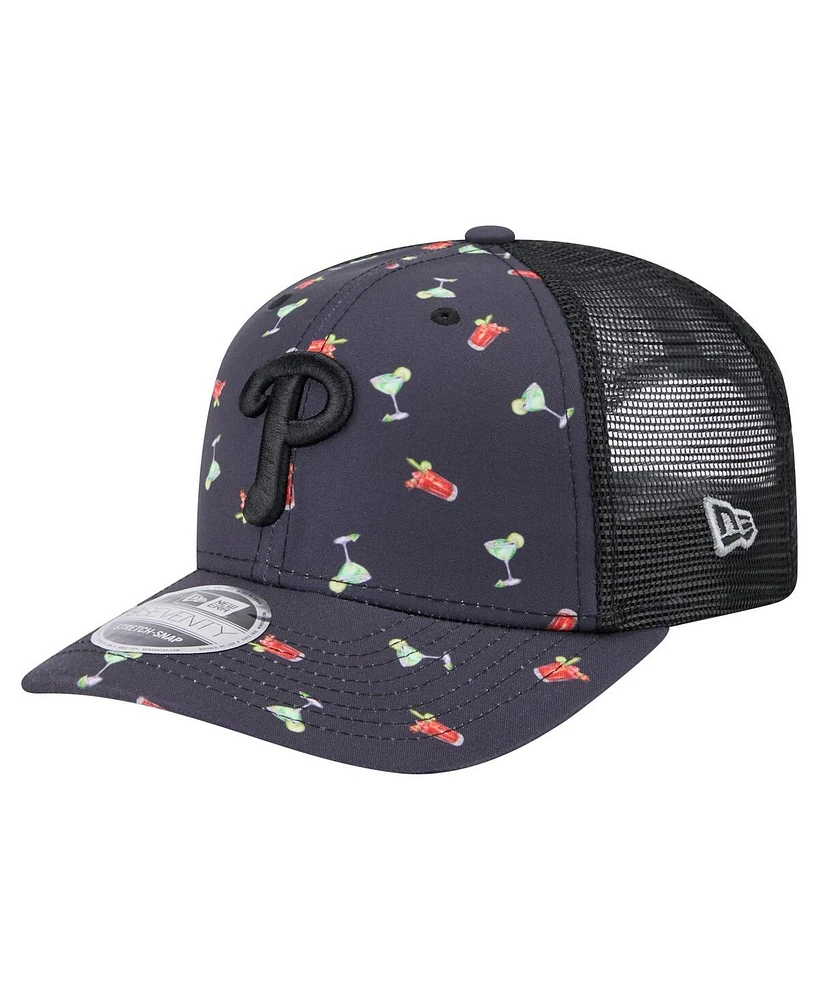 New Era Men's Black Philadelphia Phillies Adventure Drinks Pattern 9SEVENTY Stretch-Snap Hat