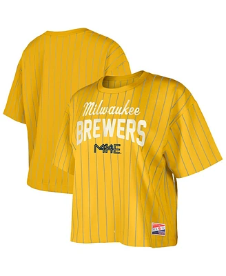 New Era Women's Gold Milwaukee Brewers City Connect Multiplier Pinstripe Cropped T-Shirt