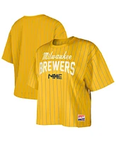 New Era Women's Gold Milwaukee Brewers City Connect Multiplier Pinstripe Cropped T-Shirt