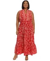 London Times Plus Ruffled-Neck Tiered Maxi Dress