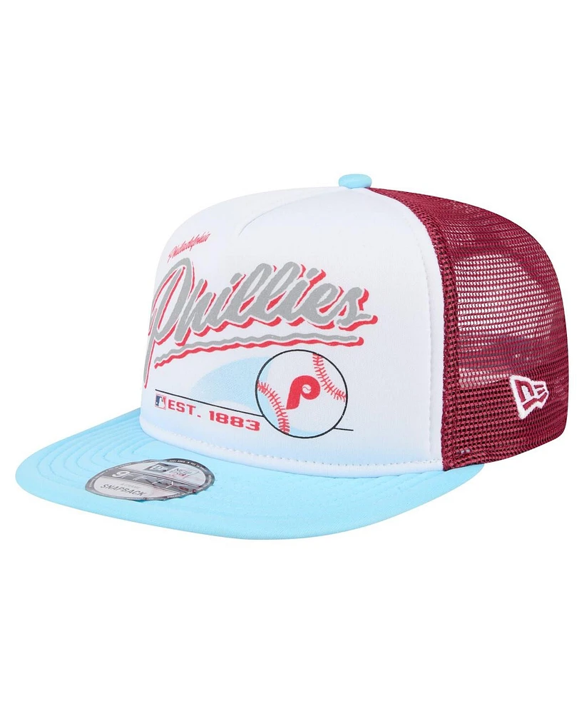 New Era Men's White/Light Blue Philadelphia Phillies Retro Script Trucker 9FIFTY Snapback Hat