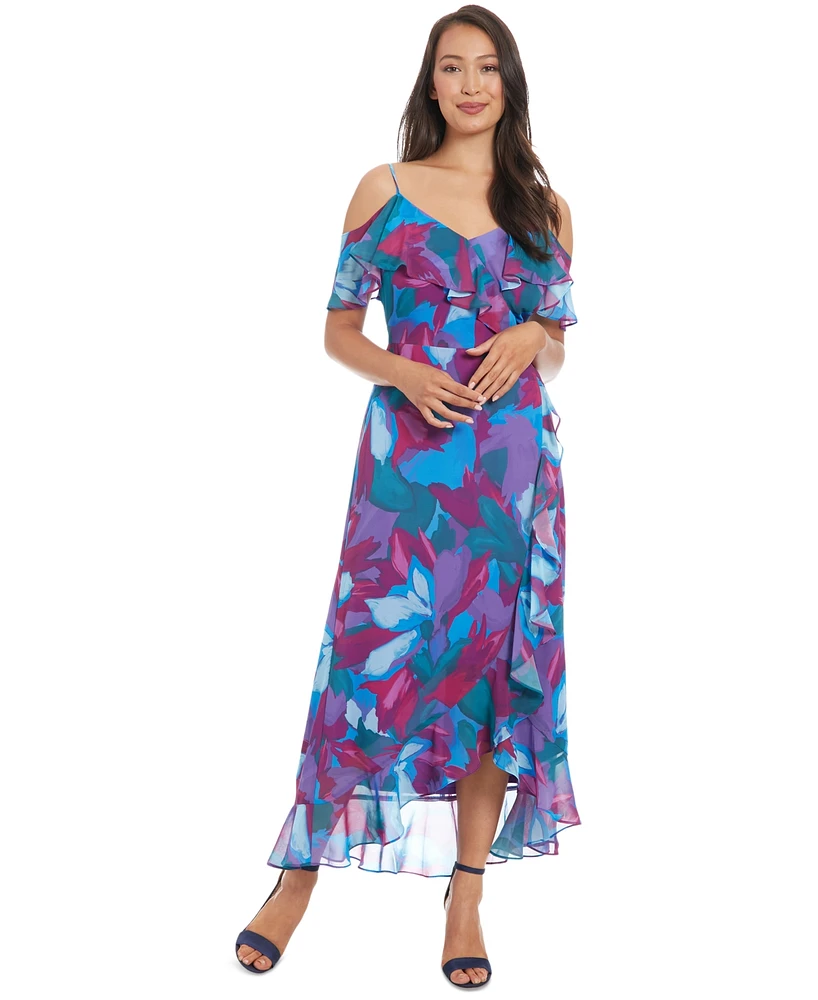 London Times Petite Printed Cold-Shoulder Ruffle Chiffon Dress
