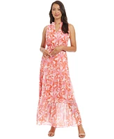 London Times Petite Printed Ruffle-Collar Maxi Dress