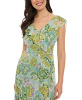 London Times Petite Faux-Wrap Ruffle-Trim Midi Dress