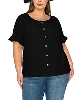 Coin 1804 Plus Eyelet Jersey Button Front Ruffle Sleeve Peasant Top