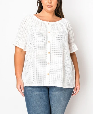Coin 1804 Plus Eyelet Jersey Button Front Ruffle Sleeve Peasant Top