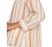 Liverpool Los Angeles Women's Cotton Striped Frayed-Hem Popover Top
