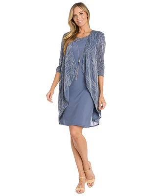 R & M Richards Women's 2.Piece Metallic Print Open-Front Jacket Scoop-Neck Necklace Dress