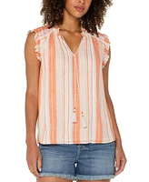 Liverpool Los Angeles Women's Striped Ruffle-Trim Split-Neck Top