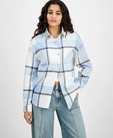 Just Polly Juniors' Girlfriend Frayed-Hem Plaid Shirt