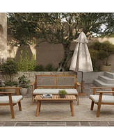 LuxenHome Outdoor Acacia Wood Rope Back Loveseat with Cushions and Coffee Table Set