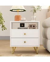 Bedside table with three drawers, side table with gold handles and feet, white wooden end table, suitable for bedrooms, living rooms, offices