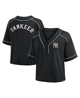 Fanatics Women's Black New York Yankees Oversized Champ Game Midi Cropped V-Neck T-Shirt