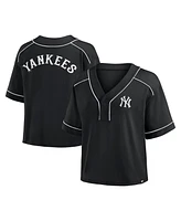 Fanatics Women's Black New York Yankees Oversized Champ Game Midi Cropped V-Neck T-Shirt