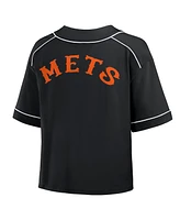 Fanatics Women's Black New York Mets Oversized Champ Game Midi Cropped V-Neck T-Shirt