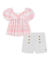 Tommy Hilfiger Toddler and Little Girls 2-Piece Madras Plaid Babydoll Top Stretch Sailor Shorts Set