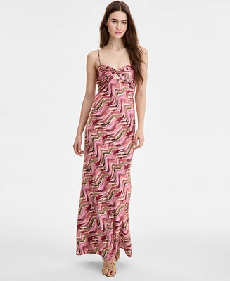 Seni & Cade Juniors' Satin Printed Twist-Front Maxi Dress