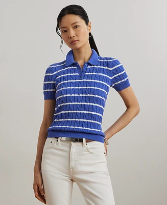 Lauren Ralph Petite Striped Cable-Knit Cotton Polo Sweater