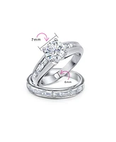 Bling Jewelry Art Deco Style 2CT Cubic Zirconia Solitaire Baguette Band Cz Ring Set .925 Sterling Silver