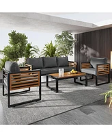 Outdoor 5-Piece Sofa Set with Cushions and Acacia Wood Tabletop