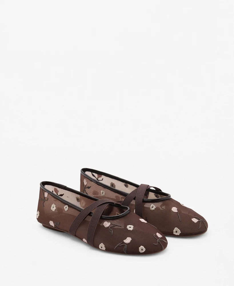 Mango Women's Cross Straps Embroidered Flowers Ballerinas Shoes