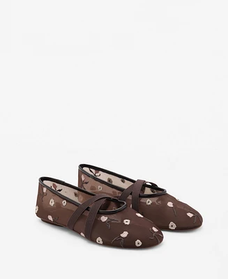 Mango Women's Cross Straps Embroidered Flowers Ballerinas Shoes