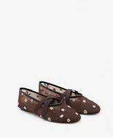 Mango Women's Cross Straps Embroidered Flowers Ballerinas Shoes