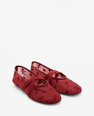 Mango Women's Cross Straps Embroidered Flowers Ballerinas Shoes
