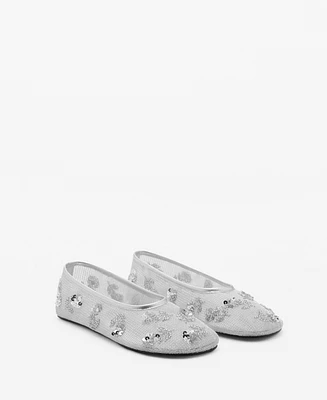 Mango Women's Sequin Embroidered Mesh Ballerinas Shoes