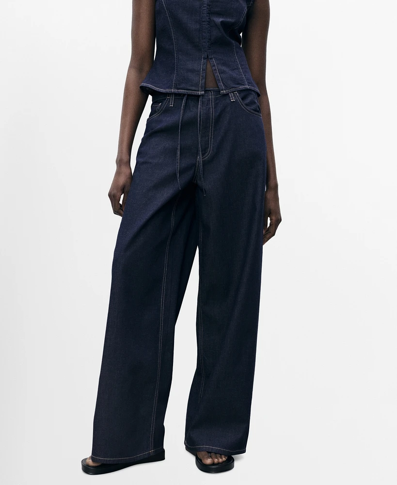 Mango Women's Belted Wide Leg Denim Trousers Pants