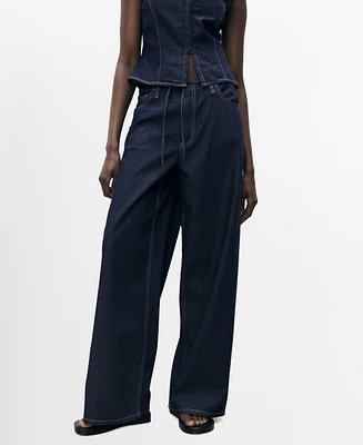 Mango Women's Belted Wide Leg Denim Trousers Pants