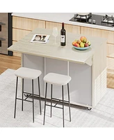 Handwoven Coastal Kitchen Island with Drop Leaf, Solid Wood Cabinet