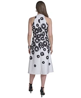 Halston Women's Halter V-Neck Flared Midi Dress