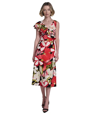 Halston Women's Printed Asymmetric Ruffled Midi Dress
