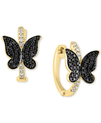 Lali Jewels Black & White Diamond Butterfly Small Hoop Earrings (1/3 ct. t.w.) in 14k Gold