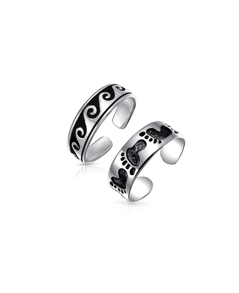 Bling Jewelry Set of 2 Nautical Ocean Waves and Beach Sand Footprints Midi Toe Ring Silver