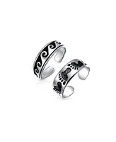 Bling Jewelry Set of 2 Nautical Ocean Waves and Beach Sand Footprints Midi Toe Ring Silver