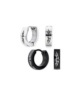 Bling Jewelry Set of 2 Angel Wings Huggie Hoop Kpop Earrings Black Silver Tone Stainless Steel