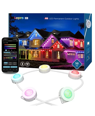 Lepro E1 Ai Permanent Outdoor Lights App Control, 50ft Smart Rgb+Ic Christmas House Lights with 60 Warm/Cool White Led Pucks, Alexa Google Enabled, Ai