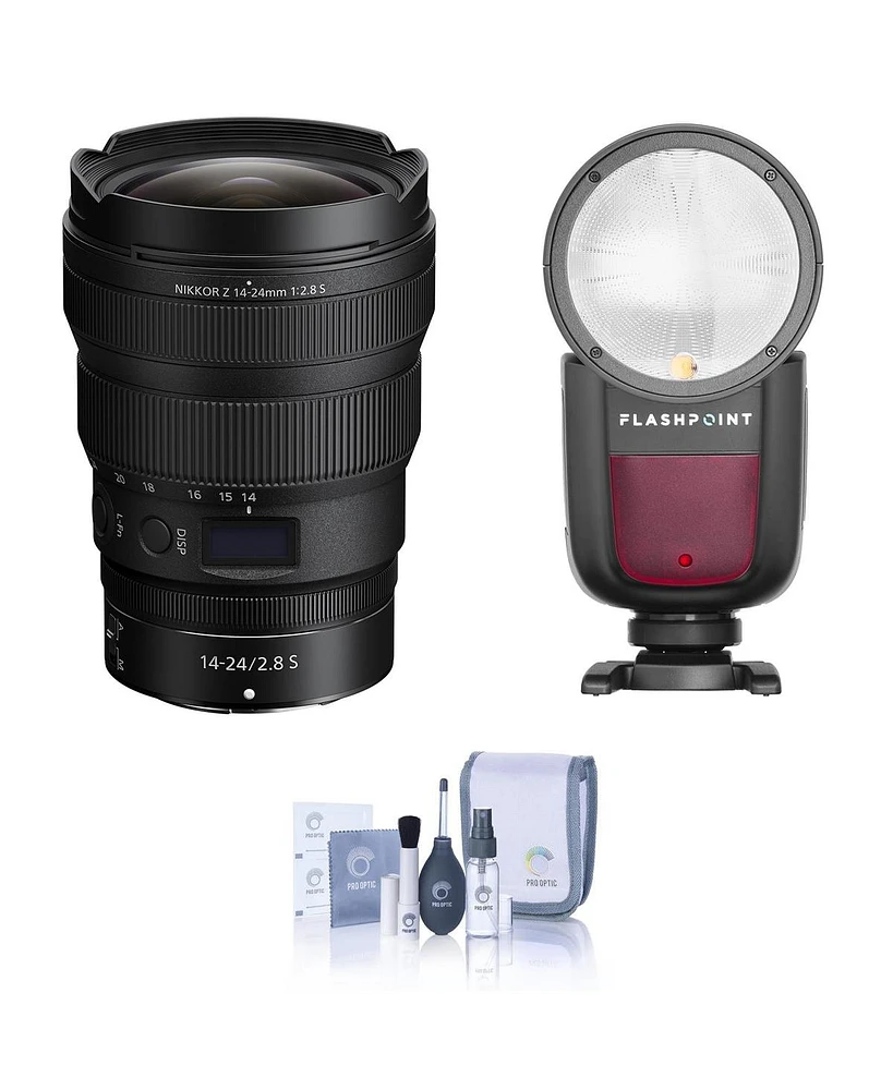Nikon Nikkor Z 14-24mm f/2.8 S Lens, Bundle with Flashpoint Zoom Li-on X R2 Ttl On-Camera Round Flash Speedlight, Cleaning Kit
