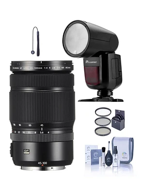 Fujifilm Gf 45-100mm f/4 R Lm Wr Lens, Bundle with Flashpoint Zoom Li-on X R2 Ttl Flash Speedlight for Fuji, ProOptic 82mm Filter Kit, Cleaning Kit, L