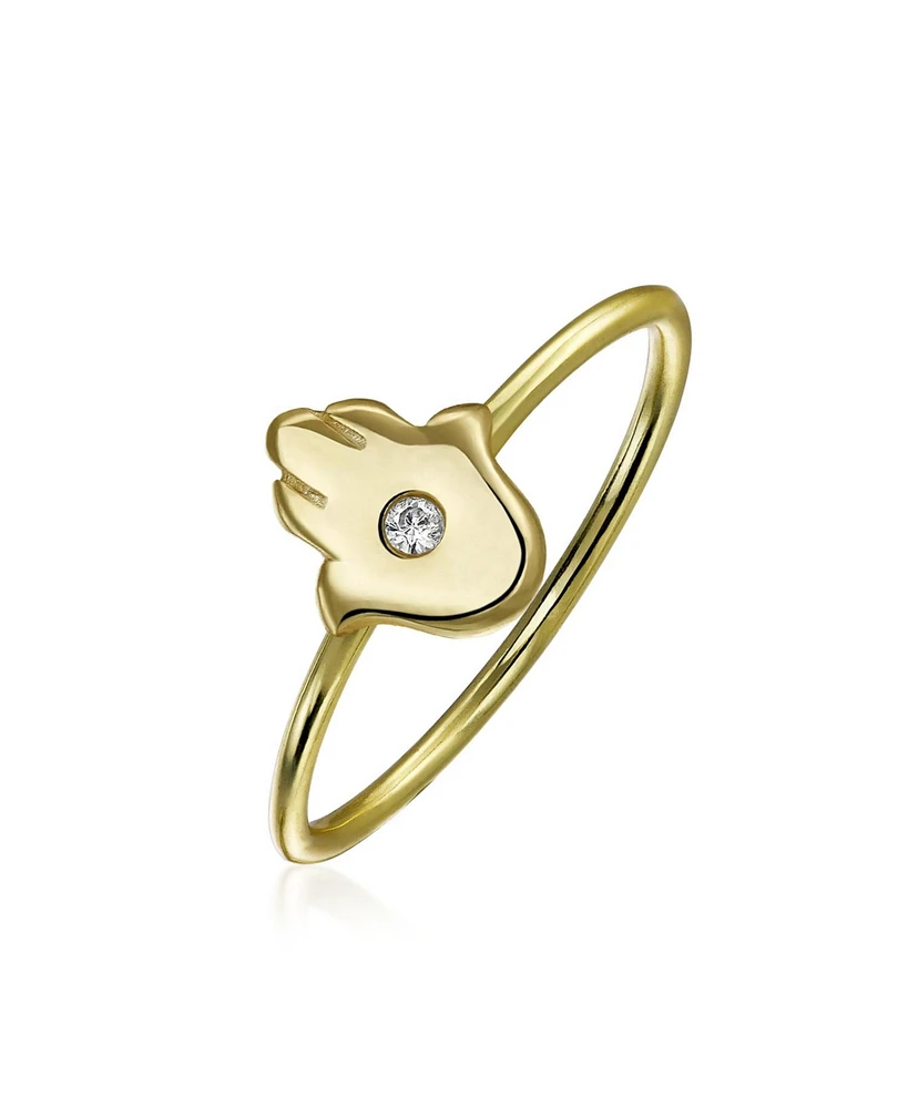 Bling Jewelry Minimalist Delicate Cz Accent Knuckle Thin 1MM Band Stackable Hamsa Midi Ring Yellow Gold Plated .925 Sterling Silver
