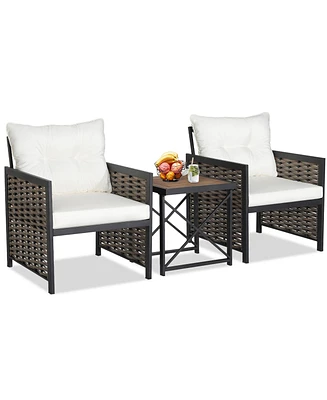 Gymax Outdoor 3 Pieces Patio Rattan Chair & Coffee Table Set Furniture Set Backyard Poolside